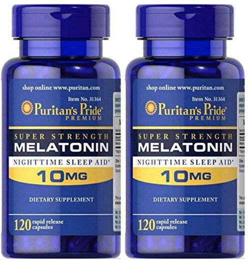 Melatonin by Puritan's Pride, Nighttime Sleep Aid, Super Strength Rapid Release Capsules, 10mg, 2 Bottles of 120 Capsules